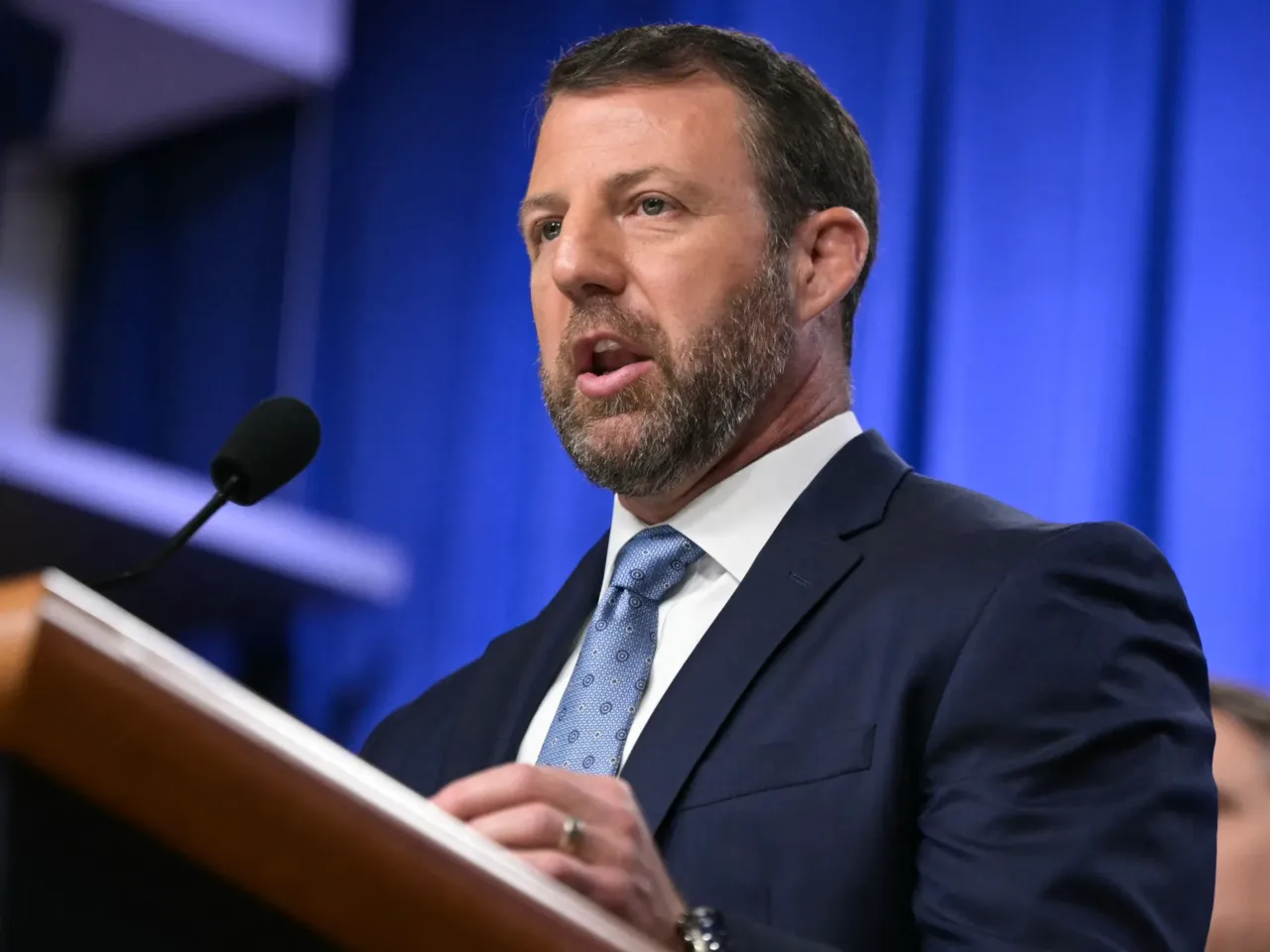 Secretary of Homeland Security Markwayne Mullin speaks during a June 11 press conference.