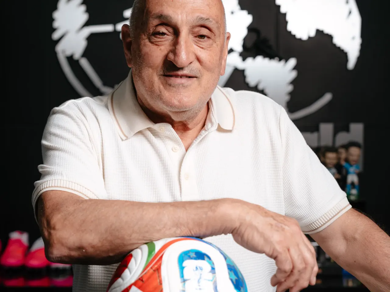 Waad Sana poses with the official FIFA 2026 World Cup "Trionda" soccer ball at his store Soccer World in Rochester Hills, MI on June 10, 2026.
