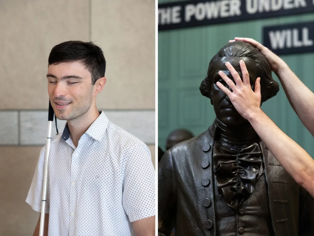 As America turns 250, one museum makes history possible to touch 1 Left: Simon Bonenfant works with the organization Philly Touch Tours and helped train the museum educators leading the tours. Right: Bonefant engages with George Washington's face and head.