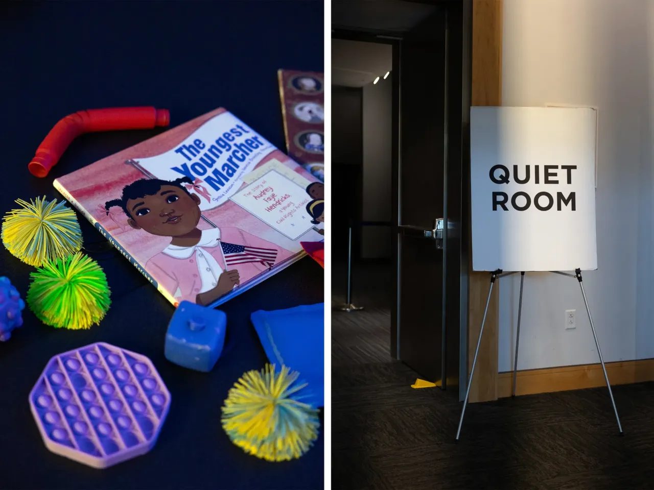 As America turns 250, one museum makes history possible to touch 4 Left: In addition to touch tours, the museum regularly holds "sensory-friendly" days for neurodivergent visitors with dimly lit rooms and sensory toys. They're also often intended to be kid-friendly experiences. Right: The theater in the Constitution Center is often reserved as a quiet room on sensory-friendly days.