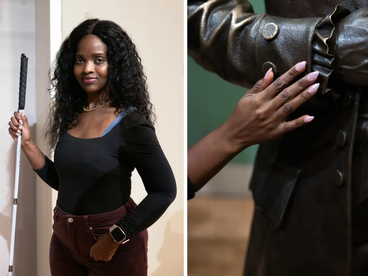 As America turns 250, one museum makes history possible to touch 5 Left: Akosua "Kosi" Asabere has been on a touch tour at the NCC once before. She says, for once, she doesn't feel like an afterthought in a museum-going experience. Right: Asabere feels the cuff of George Washington's sleeve.