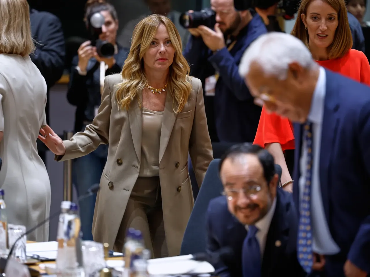 Italy's Prime Minister Giorgia Meloni arrives to a round table meeting at the EU summit in Brussels, Thursday, June 18, 2026.