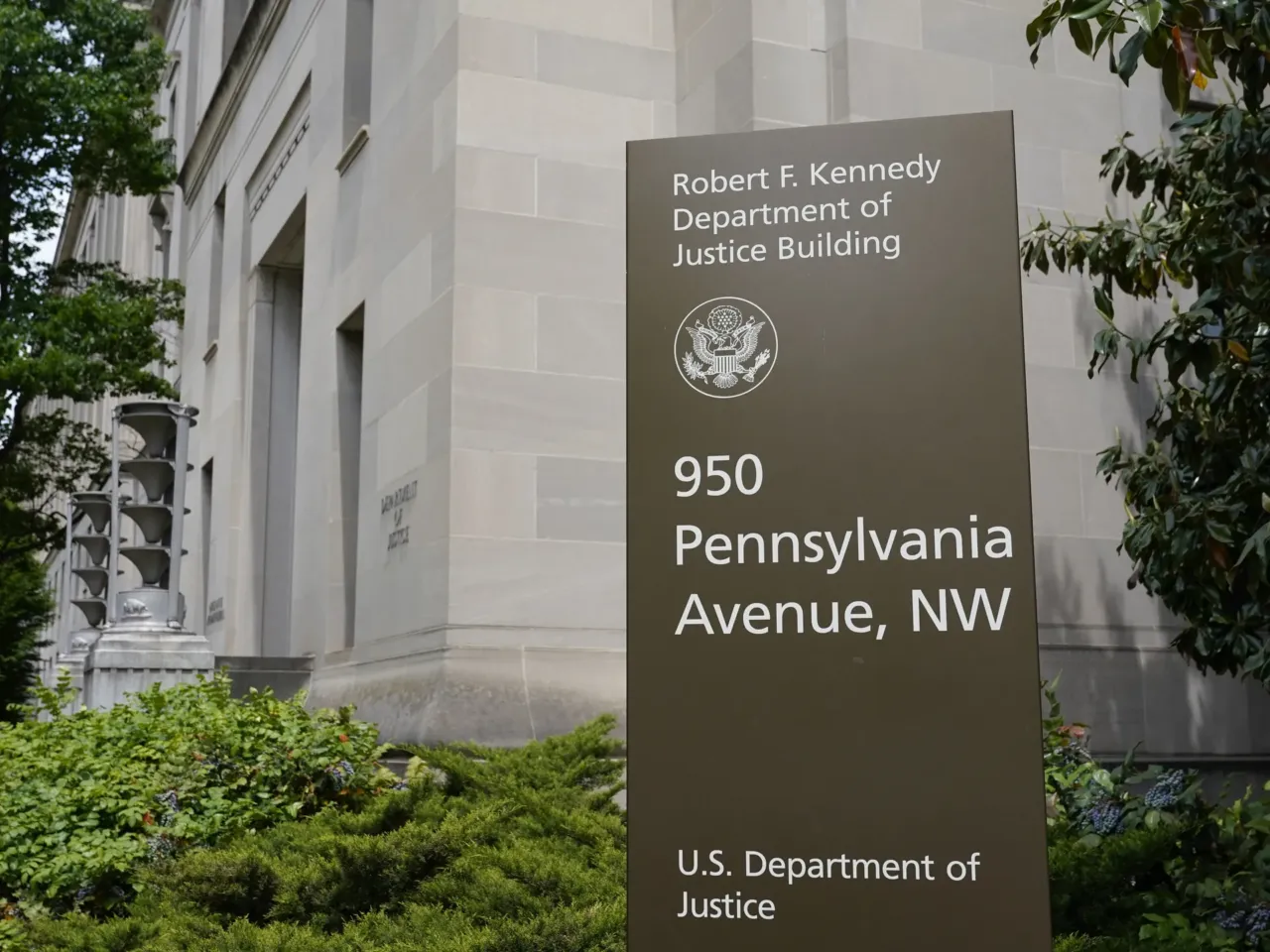 The exterior of the Robert F. Kennedy Department of Justice building is pictured on May 4, 2021, in Washington, D.C.