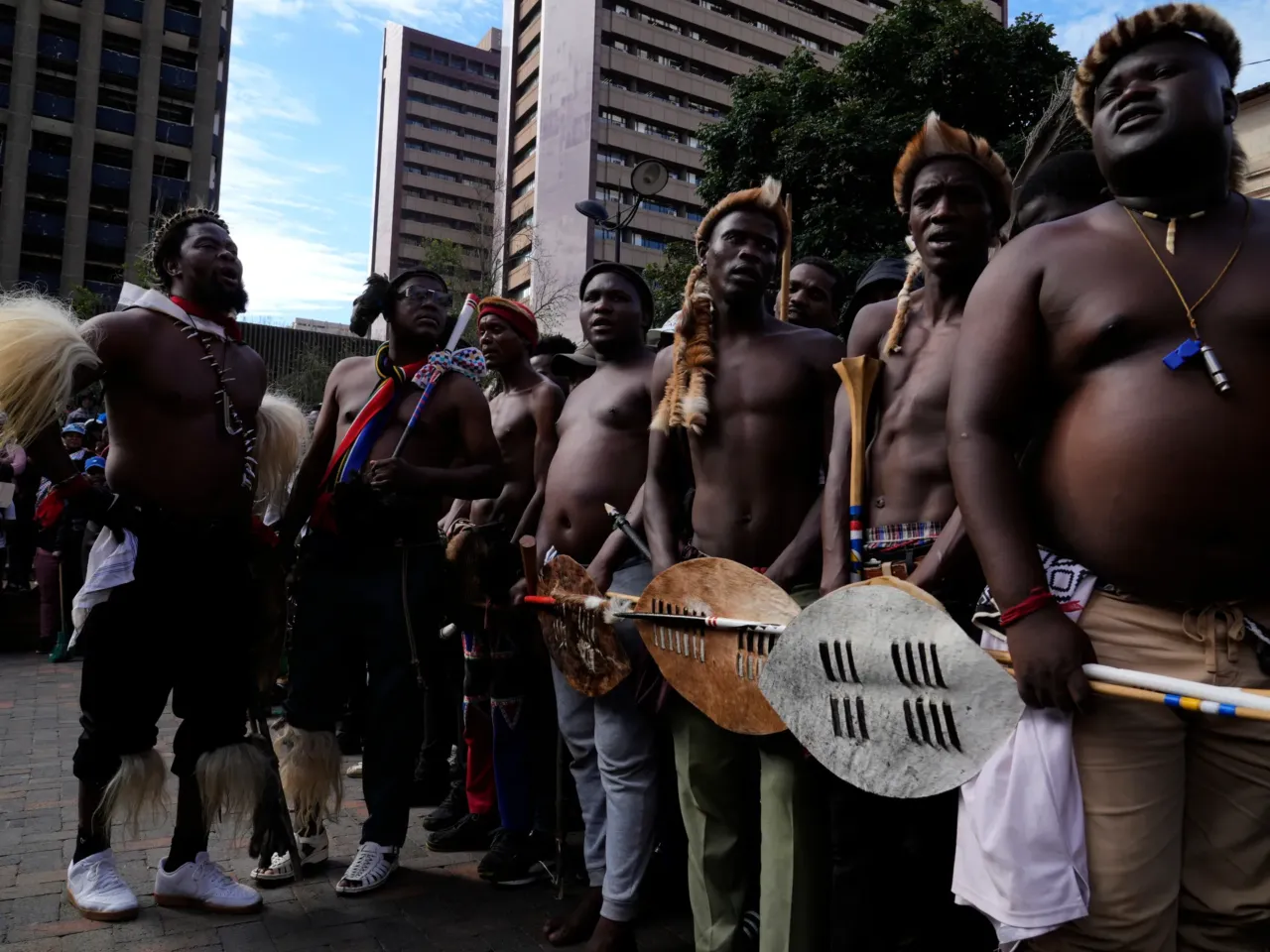 South Africans dressed in traditional attire protest against illegal migration on April 29  in Johannesburg.