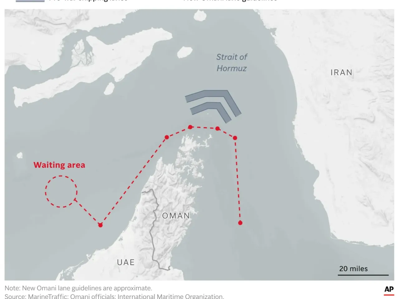 U.S. and Iran each announce retaliatory strikes in Iran, Kuwait and Bahrain 1 Map showing the approximate route of a new shipping lane by Oman.