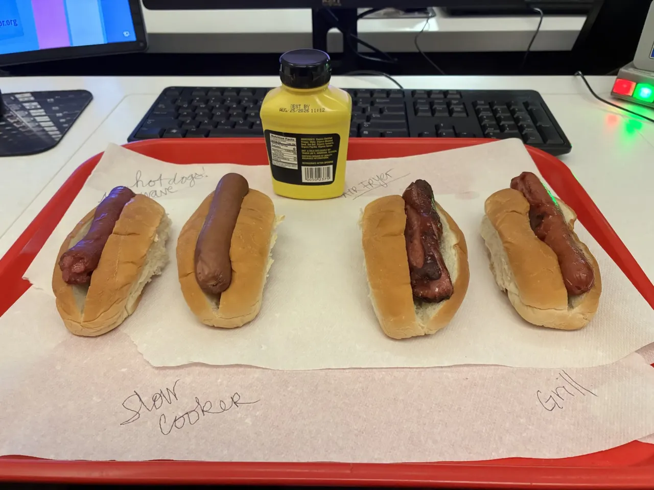 Hot dogs from a microwave, slow cooker, air fryer, and grill in Studio 45 at NPR headquarters.