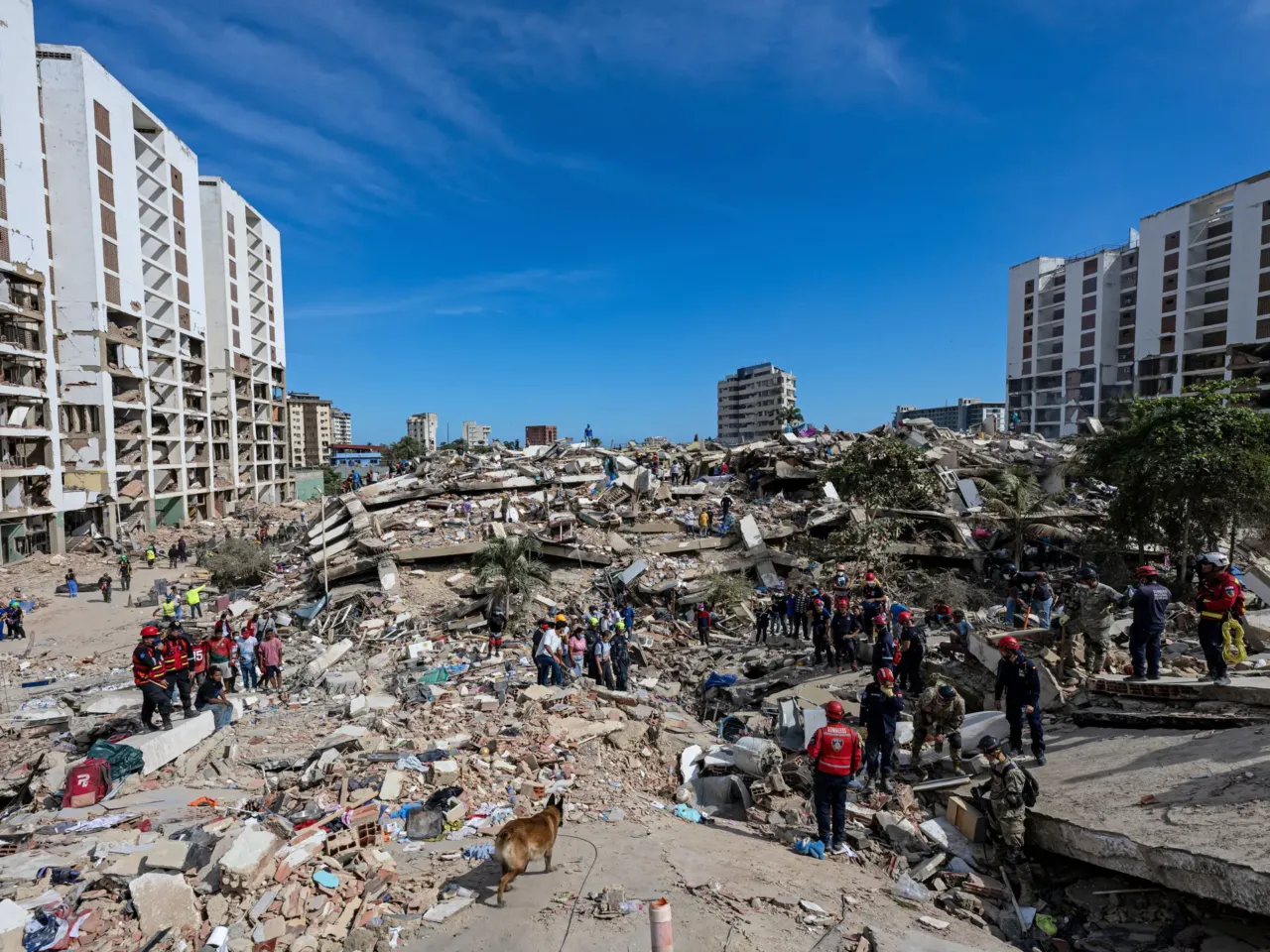 Untold casualties and humanitarian needs: What to know a week from Venezuela's quakes 1 A rescue dog from the Argentine search and rescue team searches for bodies in the rubble of a collapsed building in Caraballeda, La Guaira state, Venezuela, on June 28, following twin earthquakes on June 24. Thousands of rescuers, relatives and volunteers dig day and night through mounds of concrete to find people.