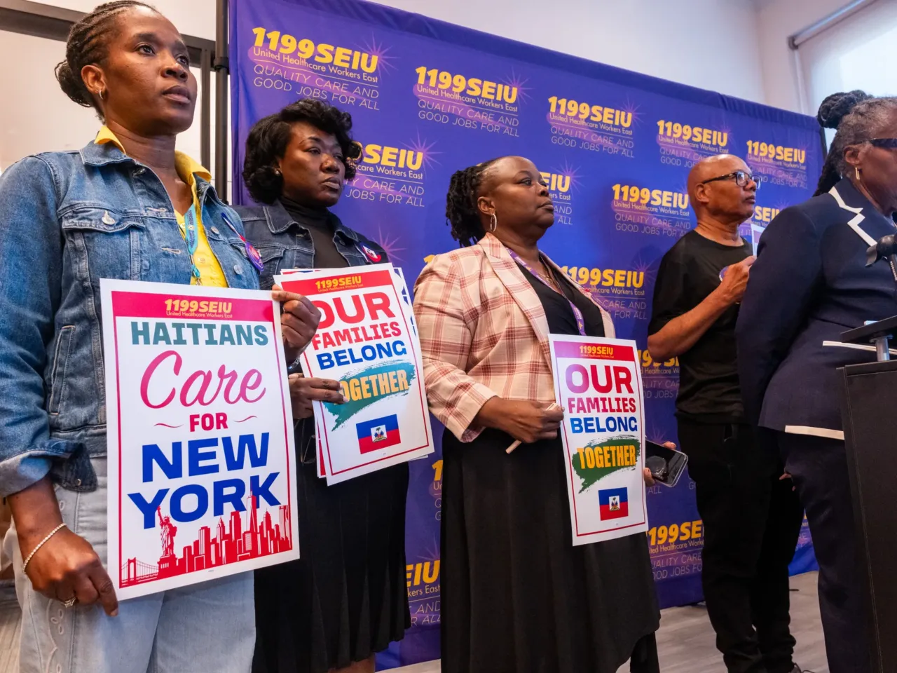 Health care workers rally at a Manhattan union headquarters to show her support for the Haitian and Syrian communities after the U.S. Supreme Court ruled that the Trump administration could  end the Temporary Protected Status for potentially millions of foreign nationals from countries experiencing conflict and violence. The decision means that over 330,000 Haitians and Syrians could lose their work authorizations and ability to remain in the country.