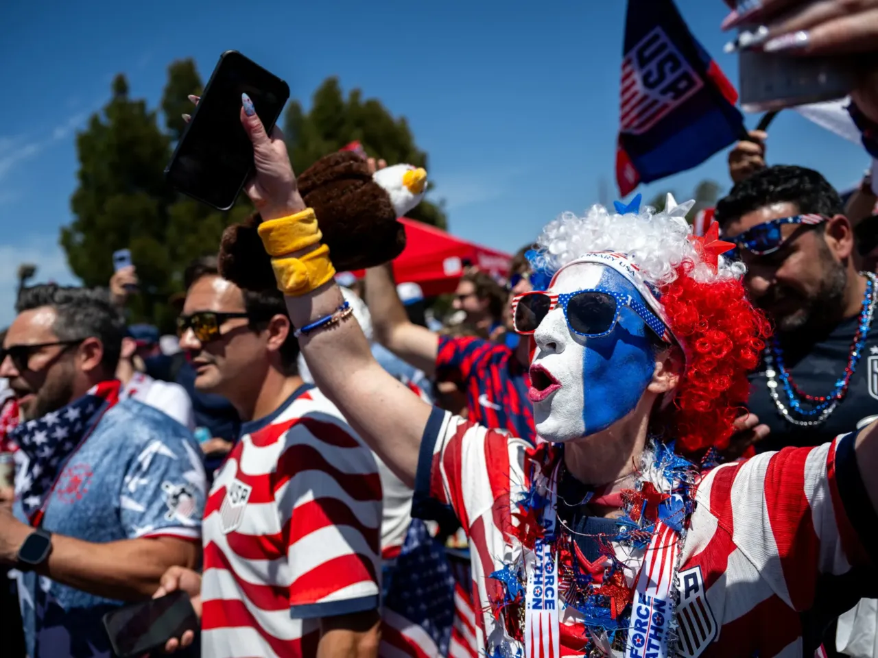 Shannon Malone cheers before marching to the San Francisco Bay Area stadium for the FIFA World Cup game between the USA and Bosnia-Herzegovina in Santa Clara, Calif., on July 1, 2026.