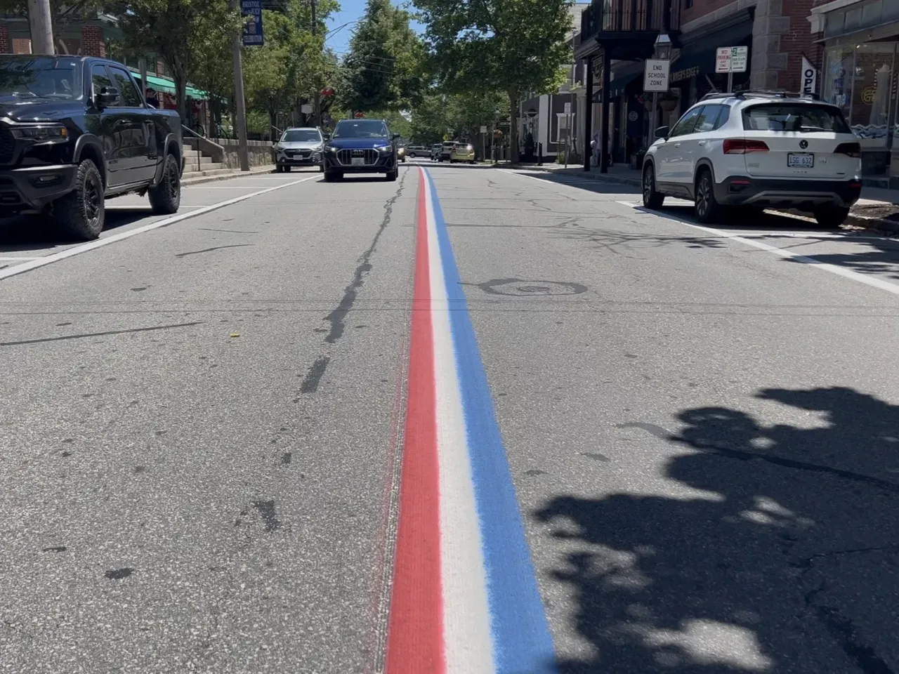 Every Independence Day, the yellow stripes dividing Hope Street get a patriotic makeover.