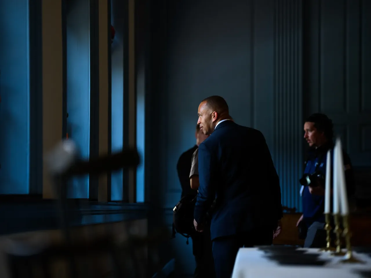 House Minority Leader Hakeem Jeffries, D-N.Y., looks out a window at Independence Hall in Philadelphia on July 2, 2026.