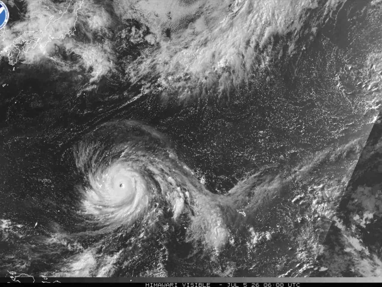This satellite image from the National Oceanic and Atmospheric Administration shows Typhoon Bavi nearing the U.S. Pacific island territory of Guam on Sunday, July 5, 2026.