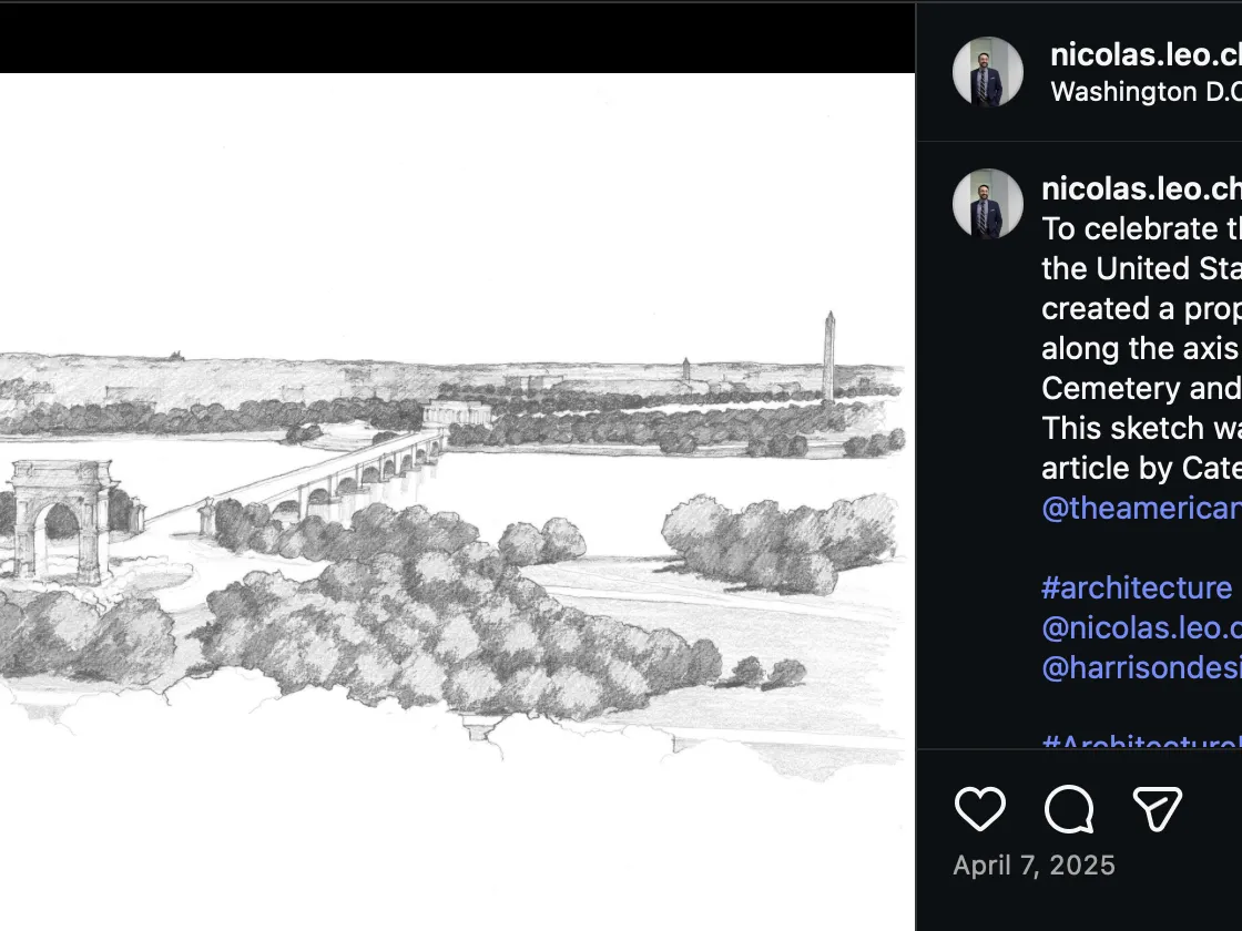 A few people have played a big role in 'jamming through' Trump's arch, critics say 1 In April, Nicolas Charbonneau, an architect for Harrison Design studio, posted his sketch that appeared in Leigh's article to Instagram.