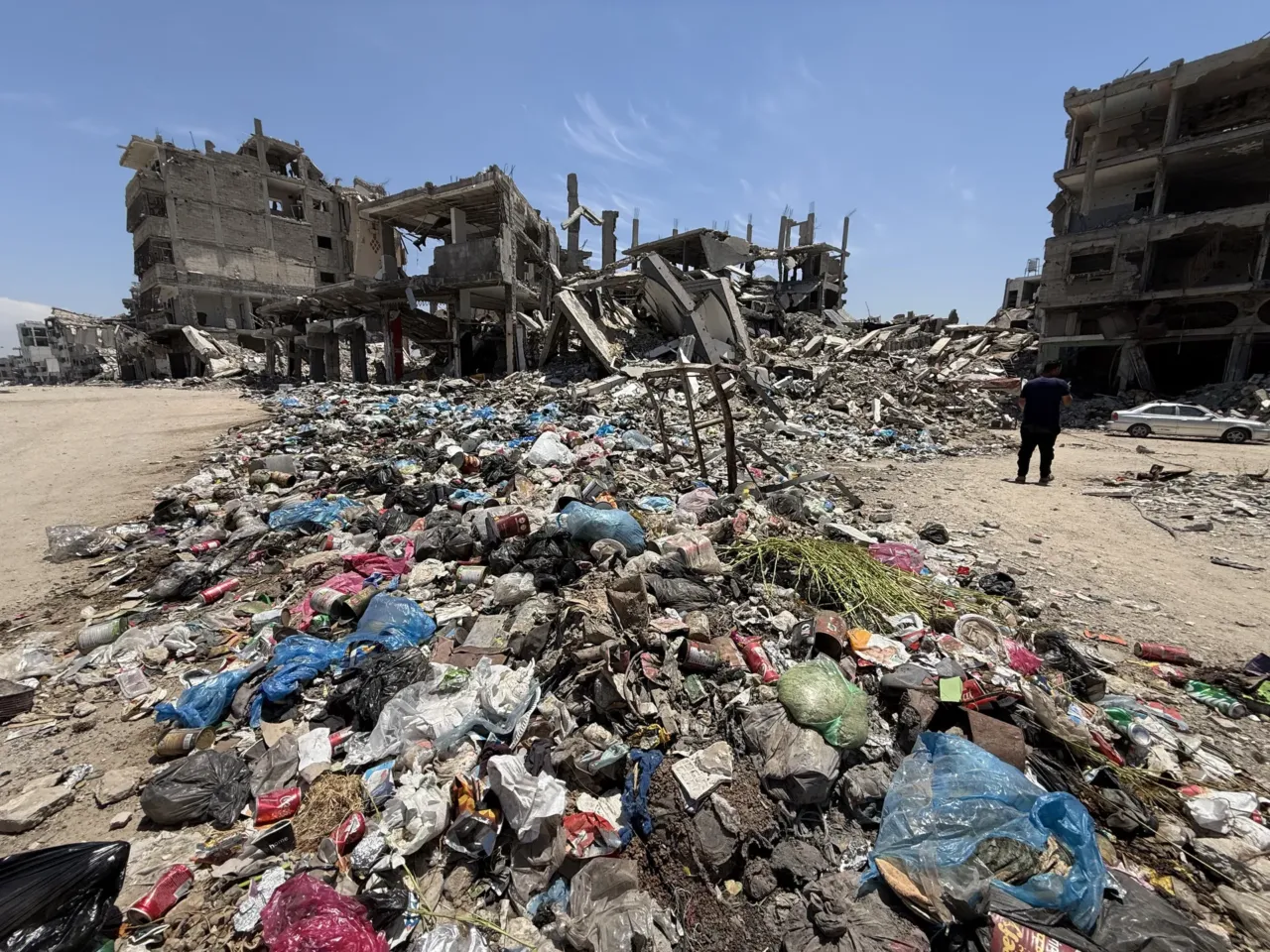 9 months into a ceasefire, Israel now controls nearly 70% of Gaza 7 Piles of uncollected garbage and debris line a deserted street in al-Shuja'iyya, a neighborhood, lacking basic services and aid due to israel restrictions as expanding the orange zone.