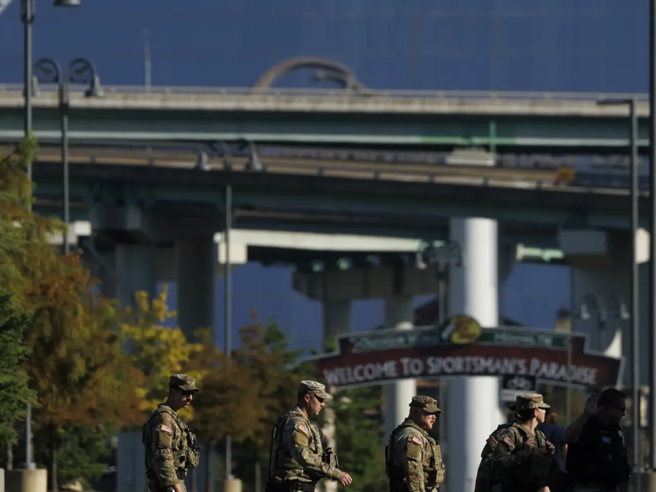 Members of the National Guard patrol outside Bass Pro Shops on Oct. 11, 2025, in Memphis, Tenn.