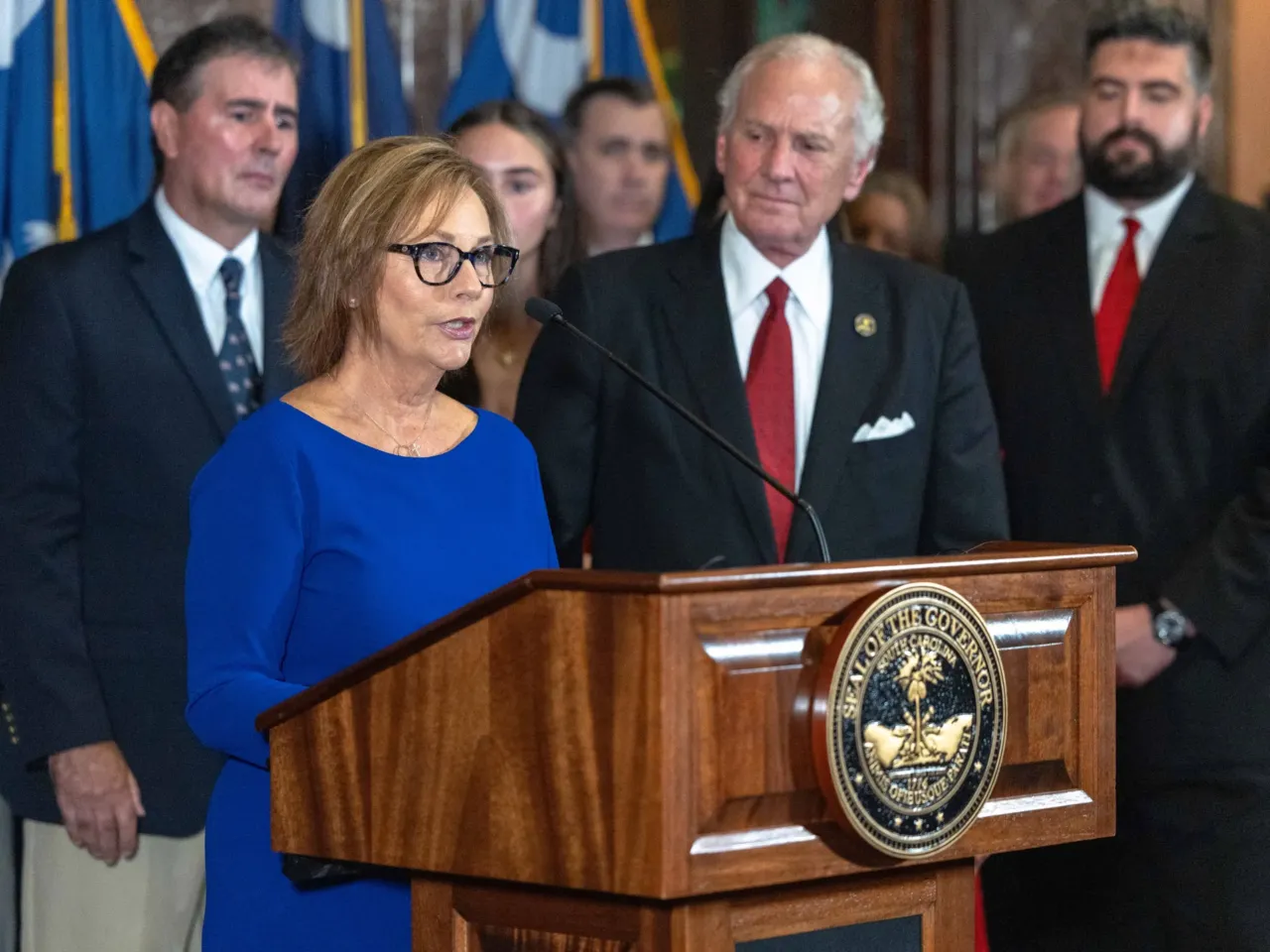 Darline Graham speaks to reporters Monday after South Carolina Gov. Henry McMaster announced he was naming her to serve out the remainder of her brother's term.