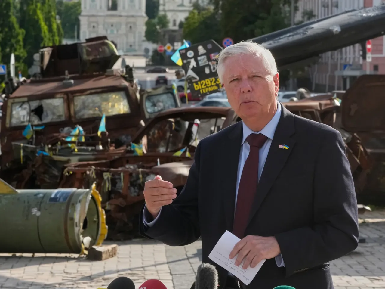 Sen. Lindsey Graham, R-S.C. answered questions from the media near an exhibition of damaged Russian vehicles in central Kyiv, on  July 10, 2026.