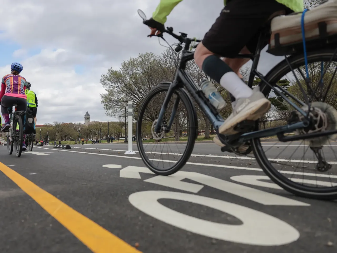 Cyclists ride in protest along 15th Street after plans to remove bike lanes sparked opposition on March 23, 2026 in Washington, D.C.