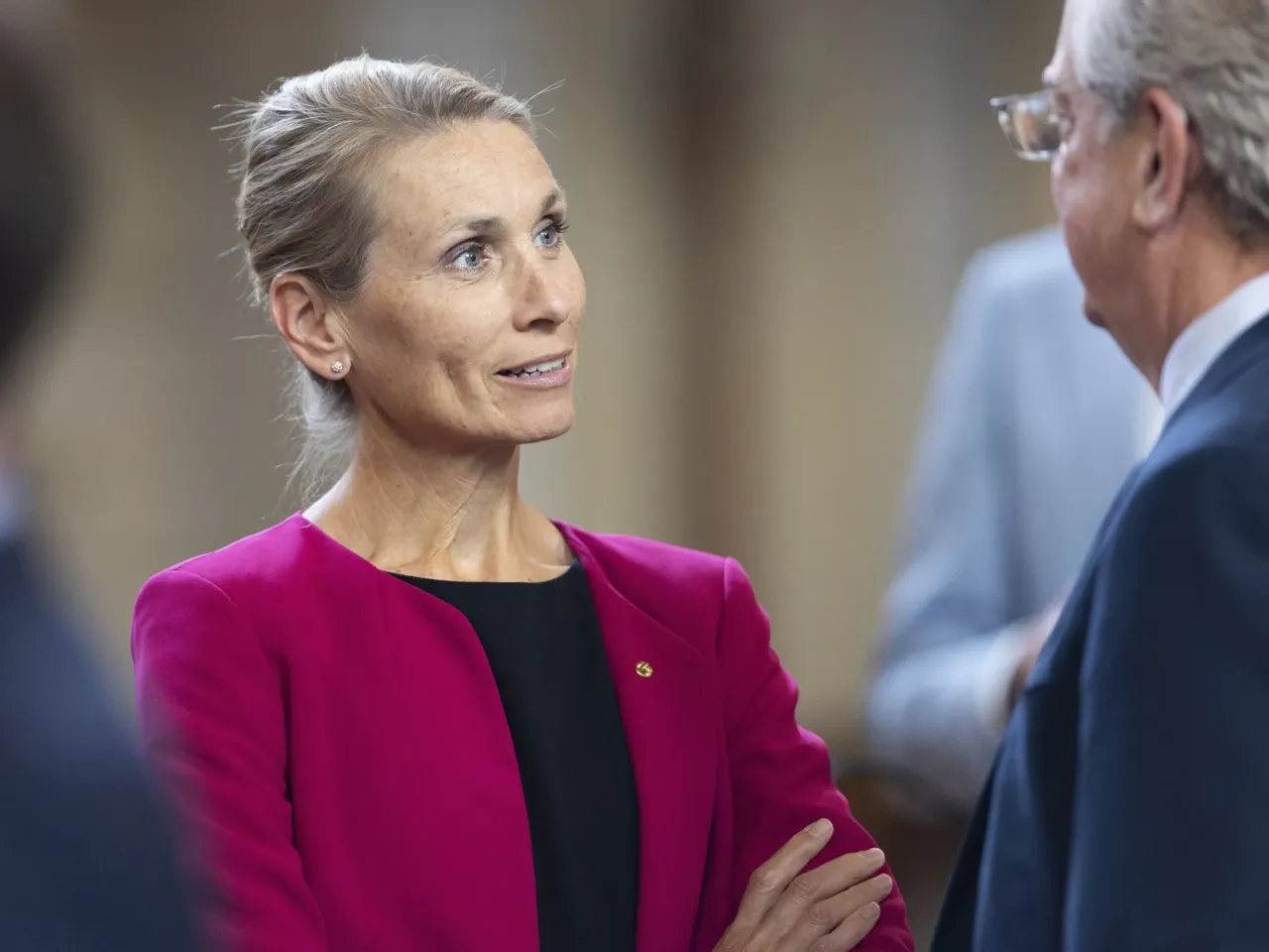 This unusual, Johnny Carson-backed fund has helped Nebraska arts survive — until now 3 State Sen. Christy Armendariz chats with a colleague on the legislative floor of the Nebraska State Capitol in 2024, in Lincoln, Neb.
