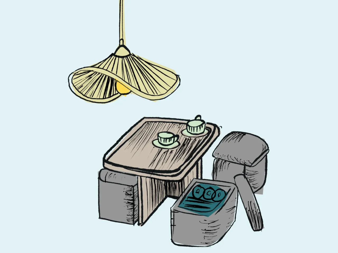 Create more breathing room by taking furniture off the floor. Replace floor lamps with hanging light fixtures and find storage pieces that have more than one function.