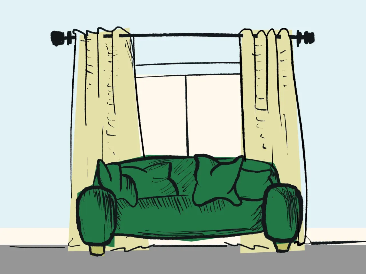 Hang your curtains a bit higher and wider than your window frame. It draws the eye upward and out, creating the illusion of a taller, wider room.