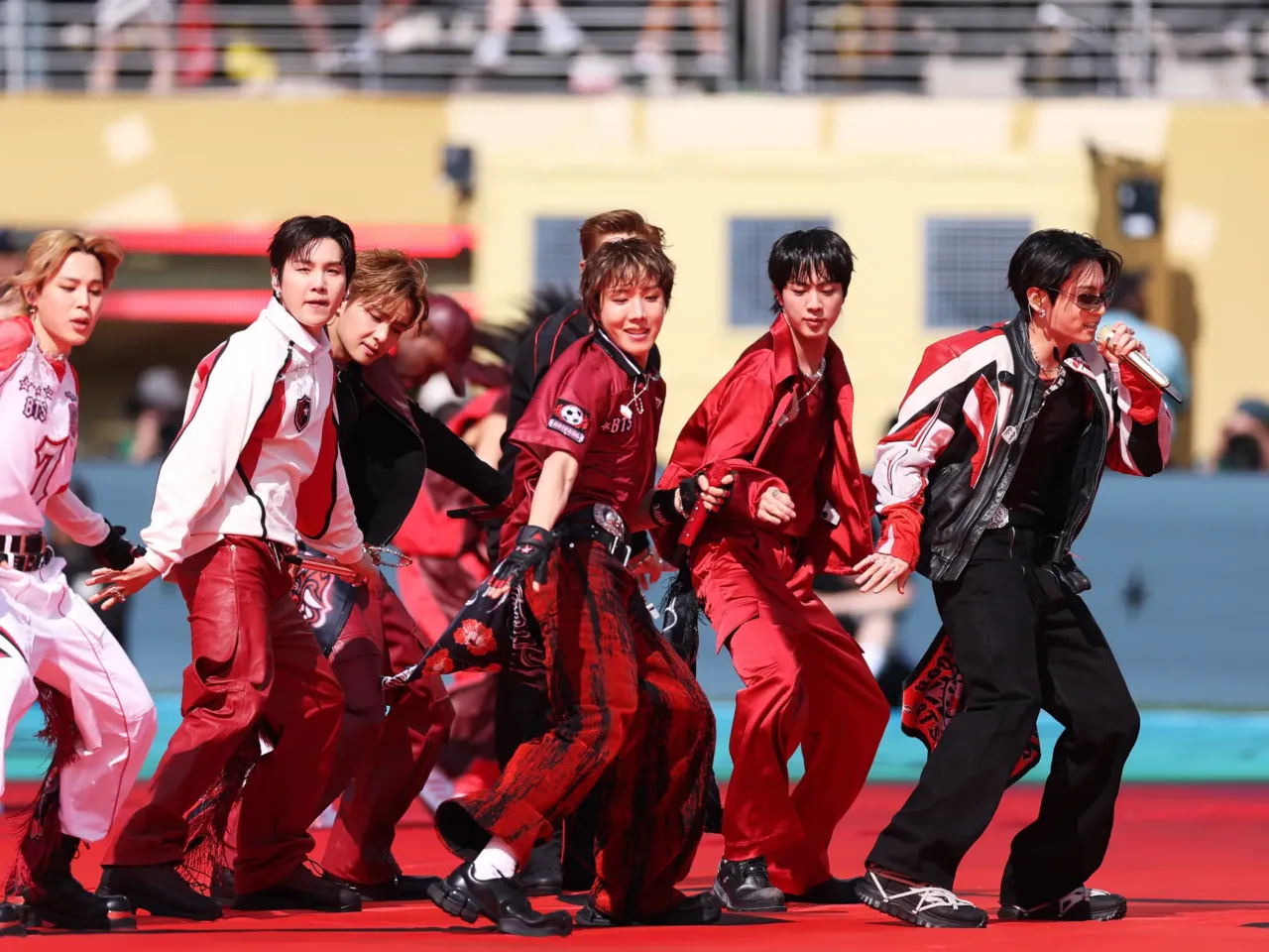 A cavalcade of international stars headlined the World Cup's first-ever halftime final show 1 RM, Jin, Suga, J-Hope, Jimin, V and Jung Kook of BTS perform during the Topps Final Halftime Show in the FIFA World Cup 2026 Final match between Spain and Argentina at New York New Jersey Stadium on July 19, 2026 in East Rutherford, New Jersey.