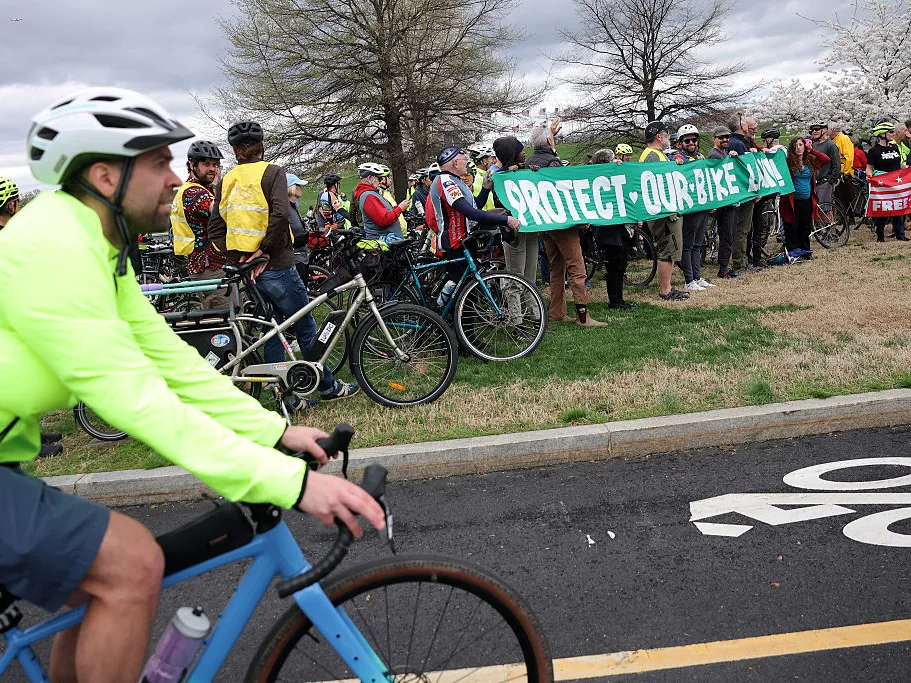 Cycling activists protest against the federal government's plan to remove bike lanes near the National Mall in Washington, D.C., in March 2026.