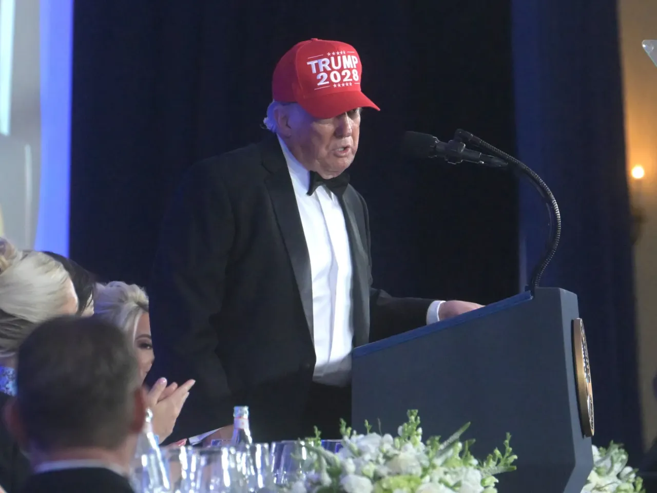 President Trump speaks at the White House Correspondents' Association dinner on Friday.