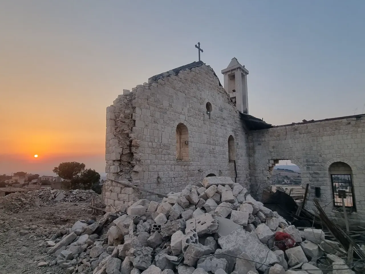 Lebanese displaced by war turn to satellites to check their homes 2 Saint George Church in Yaroun, one of the village's landmarks damaged during the fighting.