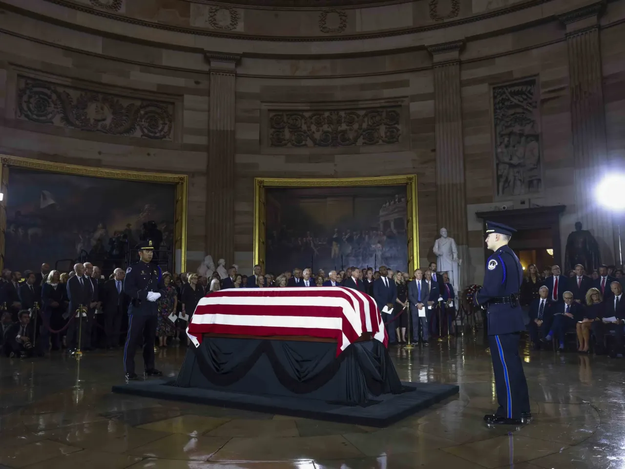 A U.S. Capitol Police honor guard stands watch around the casket during a Congressional tribute to the late Sen. Lindsey Graham, R-S.C., in the Rotunda of the U.S. Capitol on Tuesday.