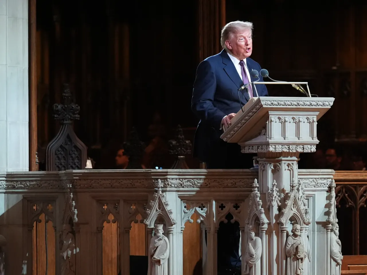 President Trump delivers remarks during the funeral service for the late U.S. Sen. Lindsey Graham at the Washington National Cathedral on Tuesday.