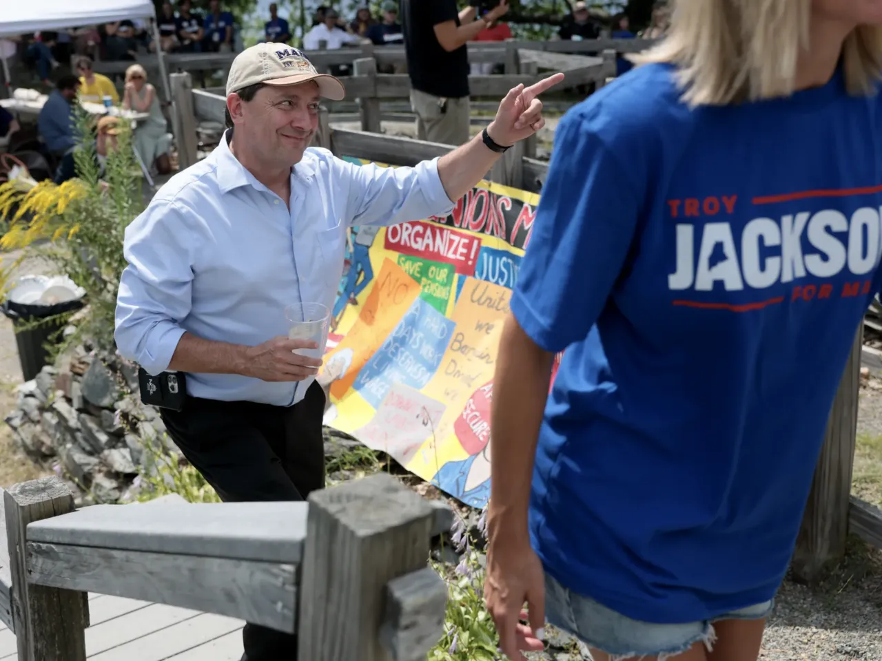 Platner energized Maine's Democrats. Jackson's challenge is to keep them engaged 2 Jackson greets people during a gathering after being selected by the Maine Democratic Party to be their nominee for U.S. Senate.