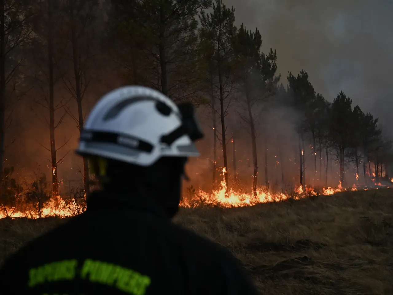 A firefighter walks in front of burning trees as a wildfire rages near Marcheprime, outside, Bordeaux, France, July 26, 2026.