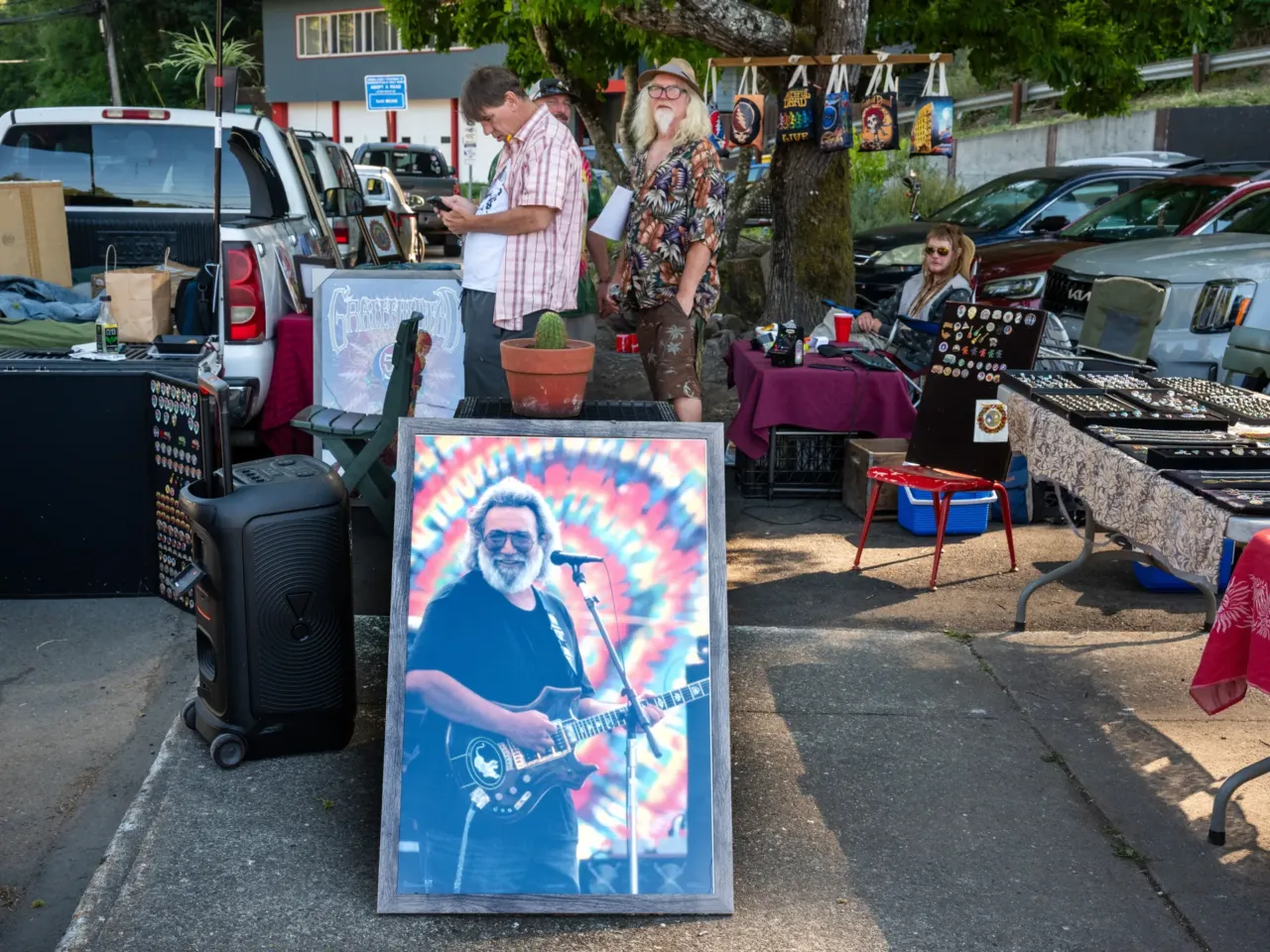 How long will the Grateful Dead's songs survive? 6 Vendors gathered in front of the entrance. Terrapin Roadshow performs at Monte Rio Amphitheater in Monte Rio, CA for a story about the longevity of the Grateful Dead's music and cultural scene.