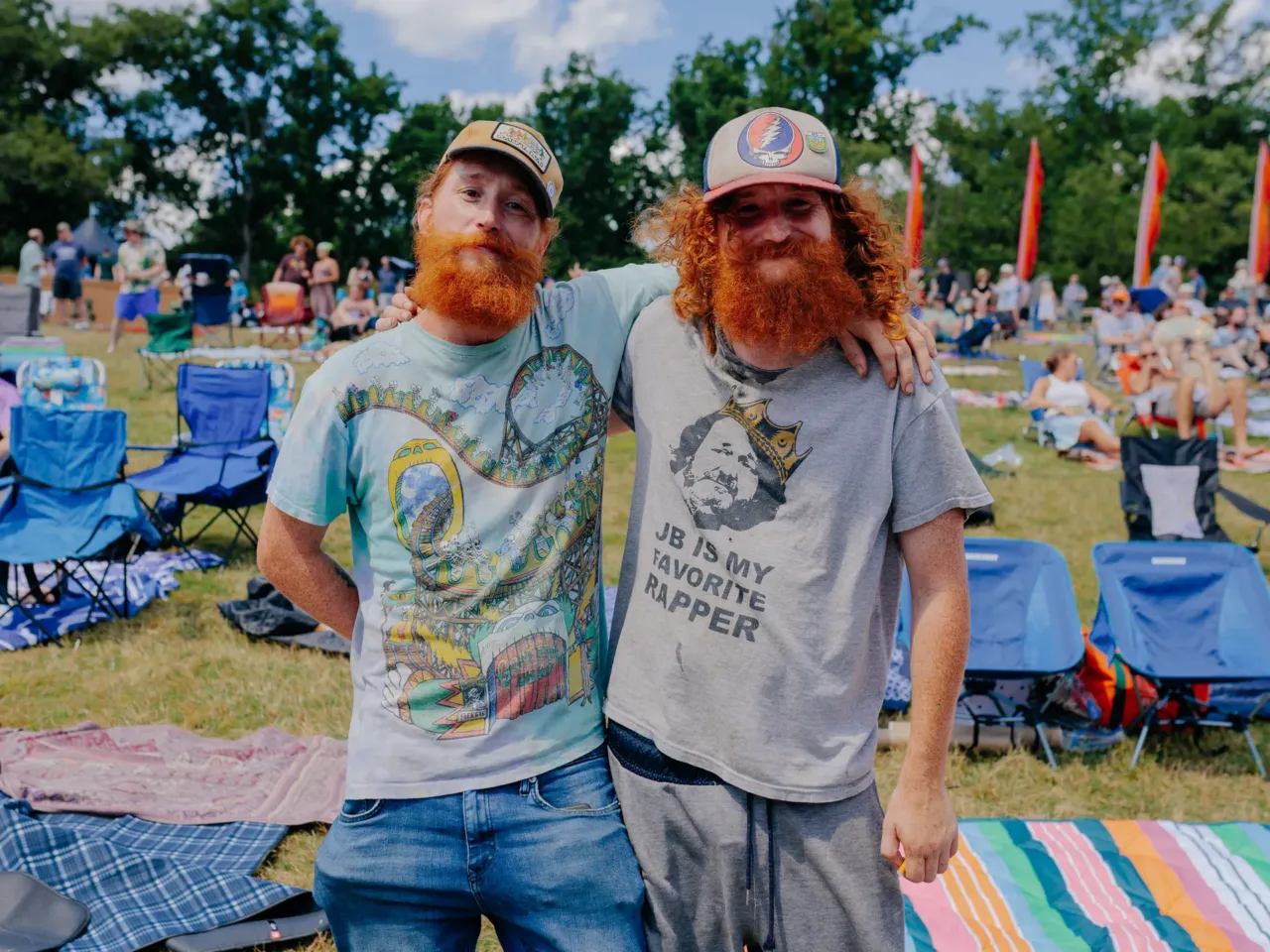 Twins Keith and Nate Chapman, 34, pose for a photo at All Good Now festival ahead of Dark Star Orchestra's set. "We discovered the Grateful Dead on our own, no one older in our family ever came across that, so it was something very unique to us. We had a friend that dragged us to a show when we were like 18 and it changed my life. Jerry saved my life. In this community you can just be free, be yourself." said Keith. Nate added, "It made me way more social, I was scared of everyone, but everyone here is my friend, as soon as I got here I felt welcomed."