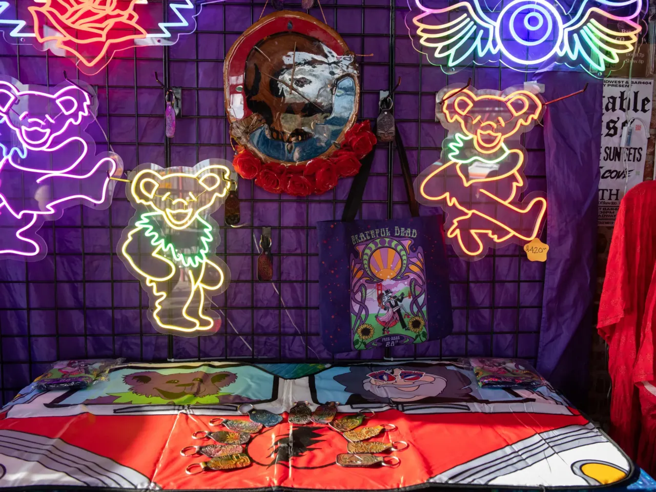 Artwork by Lucy Sturgess with Lucy in the Sky Designs, is on display and for sale at a show with Built to Last, a Grateful Dead cover band, at Bar 404 in Denver, Colorado.