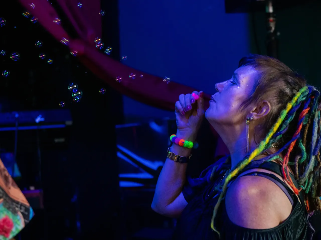 Crystal Mass, of Portland, Oregon, blows bubbles as Built to Last, a Grateful Dead cover band.