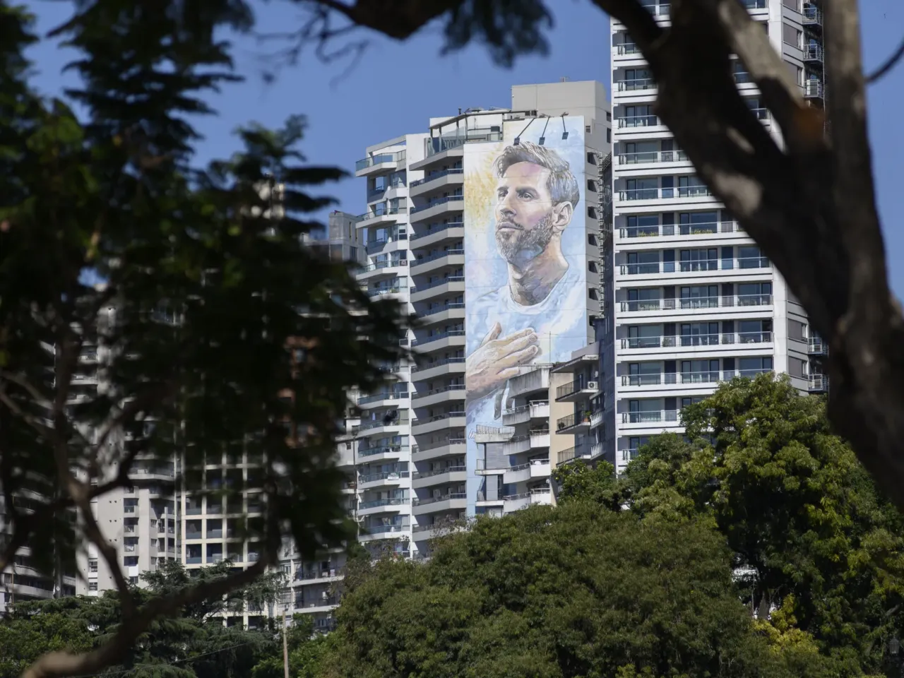 A mural of Argentine footballer Lionel Messi is seen on a residential building in Rosario, Santa Fe province, Argentina, 2026.