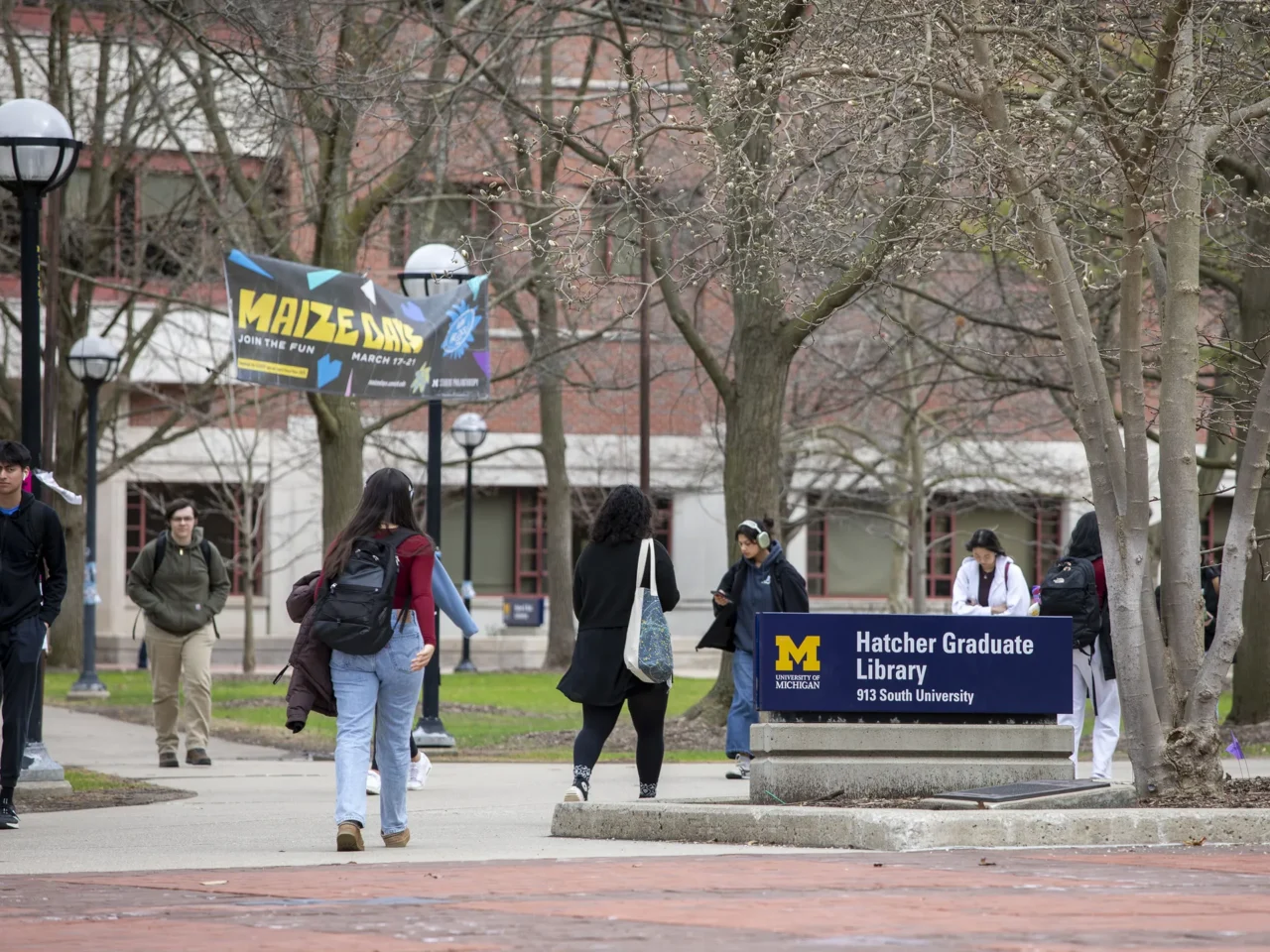 University of Michigan students walk on campus in Ann Arbor, Mich., on April 3, 2025.