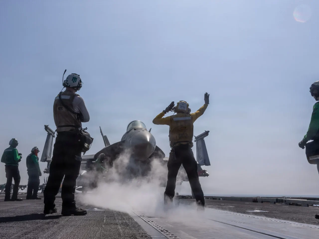 An F/A-18E Super Hornet prepares to launch from the flight deck of the aircraft carrier USS Abraham Lincoln in support of Operation Epic Fury on Feb. 28, 2026.