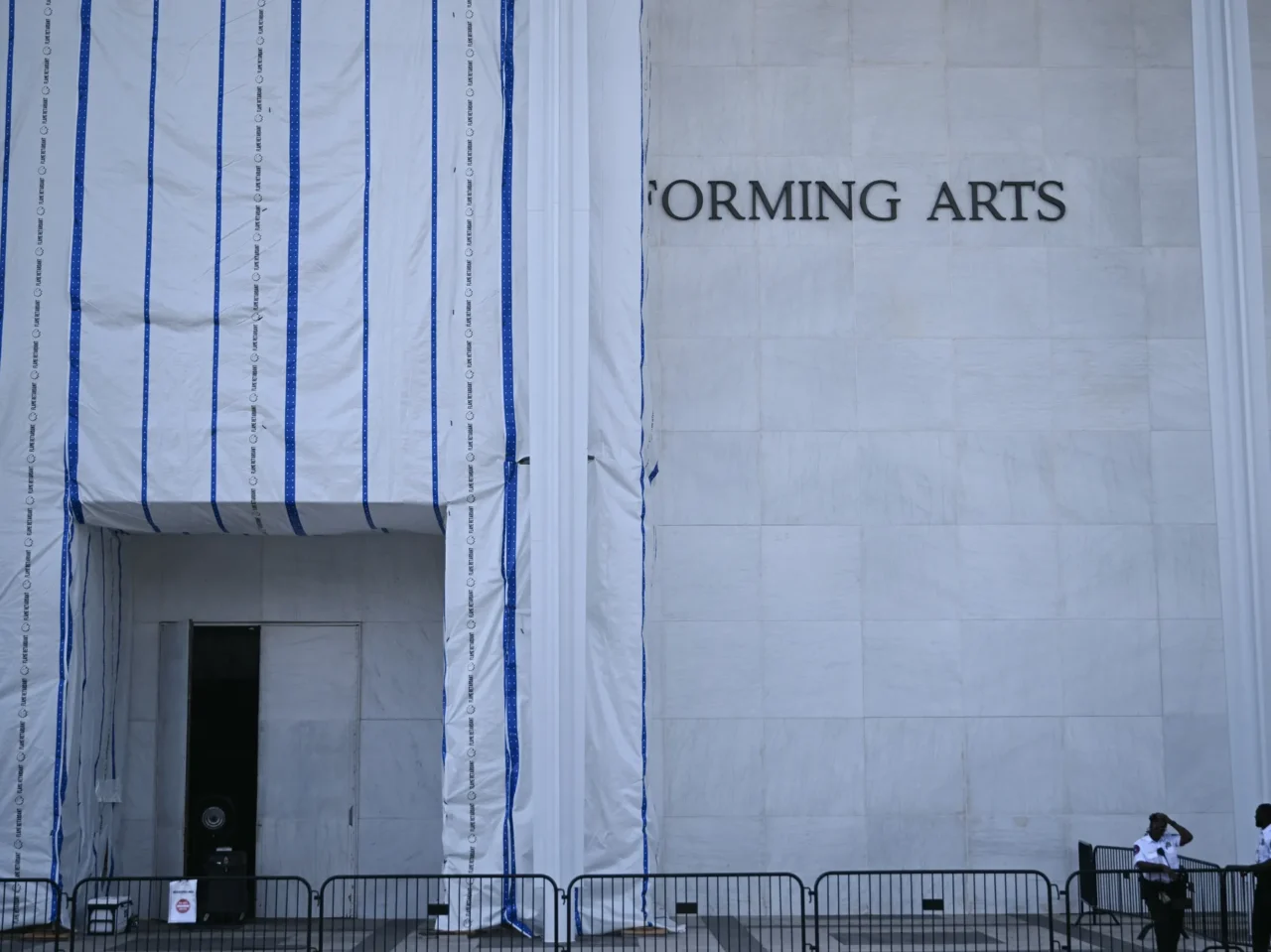 The entrance to the John F. Kennedy Center for the Performing Arts in Washington, D.C. on Aug. 13, still draped with the tarp that has been in place for months.